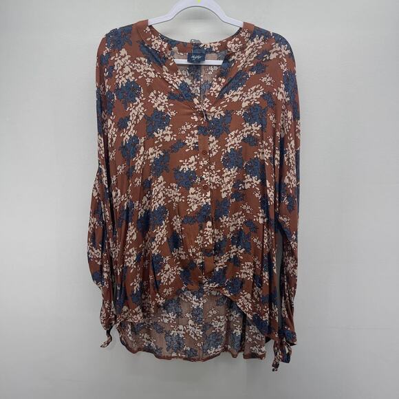 Daytrip‎ Brown Blue Floral High Low Button Front Blouse - Picture 1 of 2